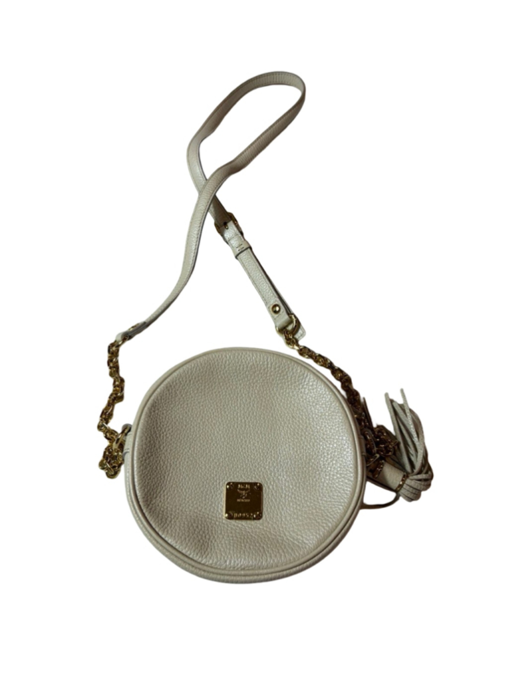 Vintage MCM Ivory Round Canteen Tambourine Leather Crossbody Bag Tassel Chain